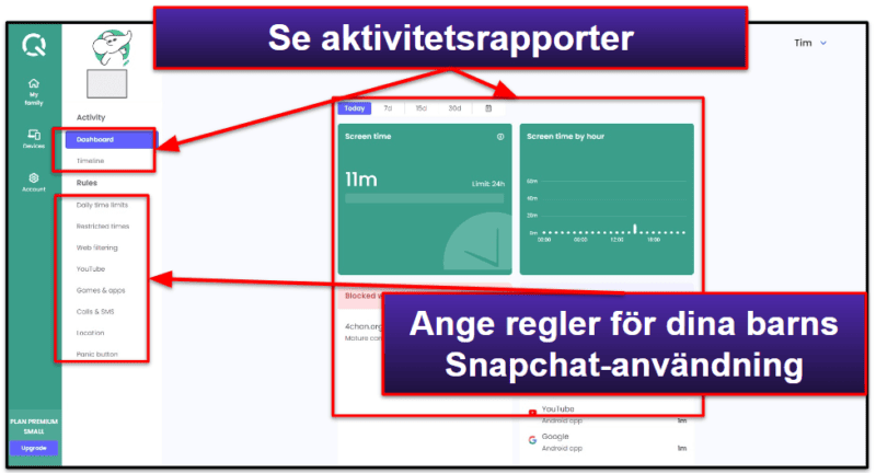 5. Qustodio: Bäst för att ställa in tidsgränser på ditt barns Snapchat