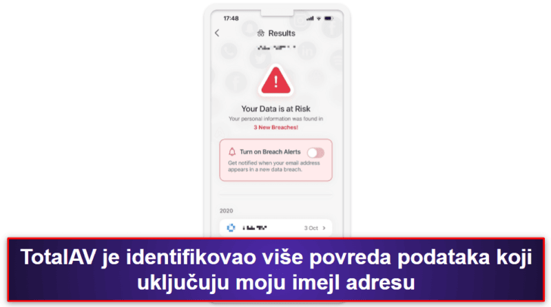 2.🥈 TotalAV Mobile Security — Korisnički prijateljska iOS aplikacija sa skeniranjem povrede podataka