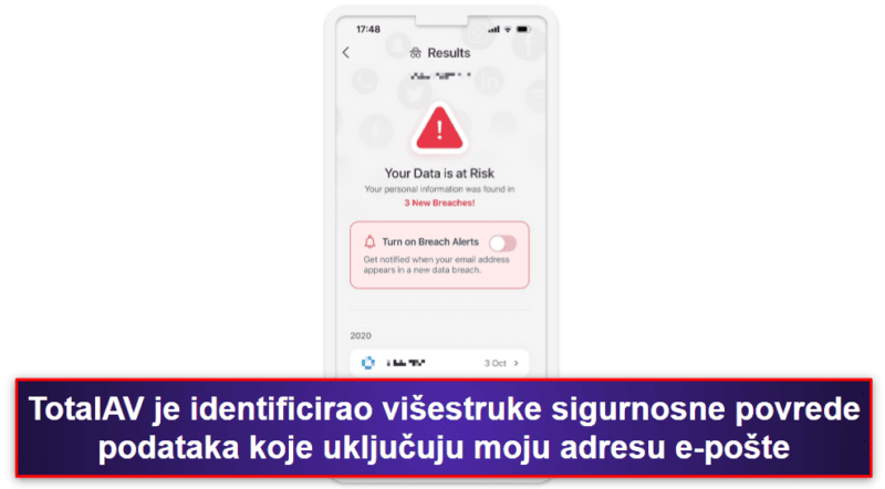2.🥈 TotalAV Mobile Security – iOS aplikacija prilagođena korisnicima sa skeniranjem za sigurnosne povrede podataka