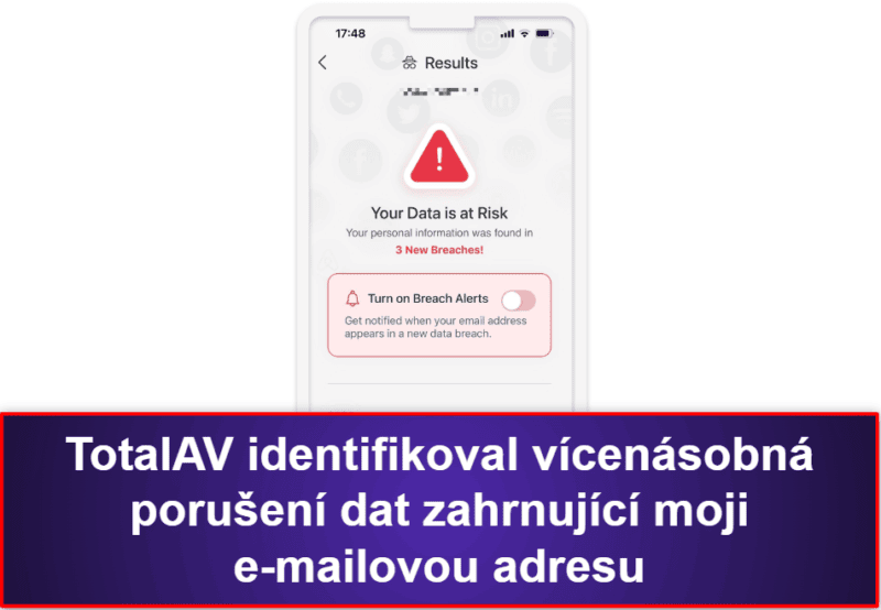 2.🥈 TotalAV Mobile Security – Uživatelsky přívětivá aplikace pro iOS s kontrolou narušení dat