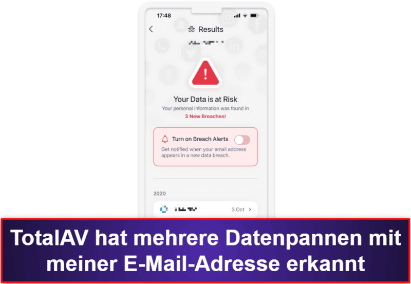 2.🥈 TotalAV Mobile Security – anwenderfreundliche iOS-App mit Datenpannenscan