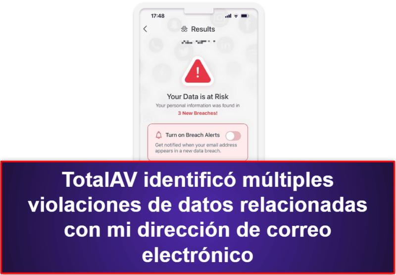 2.🥈 TotalAV Mobile Security: aplicación fácil de usar con escáner de violaciones de datos.