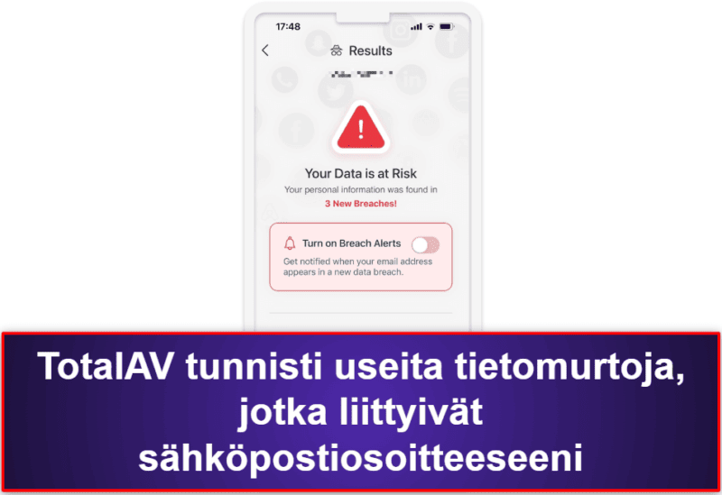 2.🥈 TotalAV Mobile Security – Käyttäjäystävällinen iOS-sovellus tietomurtojen seurannalla