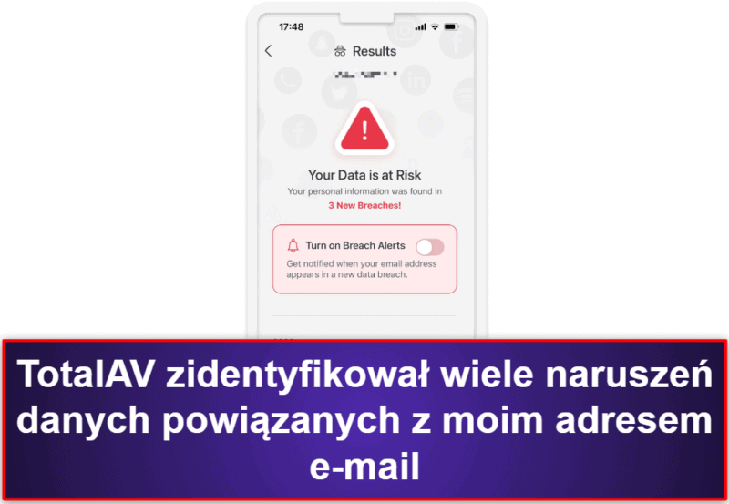 2.🥈 TotalAV Mobile Security – przyjazna dla użytkownika aplikacja na iOS ze skanowaniem naruszeń danych