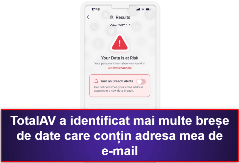 2.🥈 TotalAV Mobile Security — Aplicație pentru iOS simplă, cu scanare pentru breșe de date