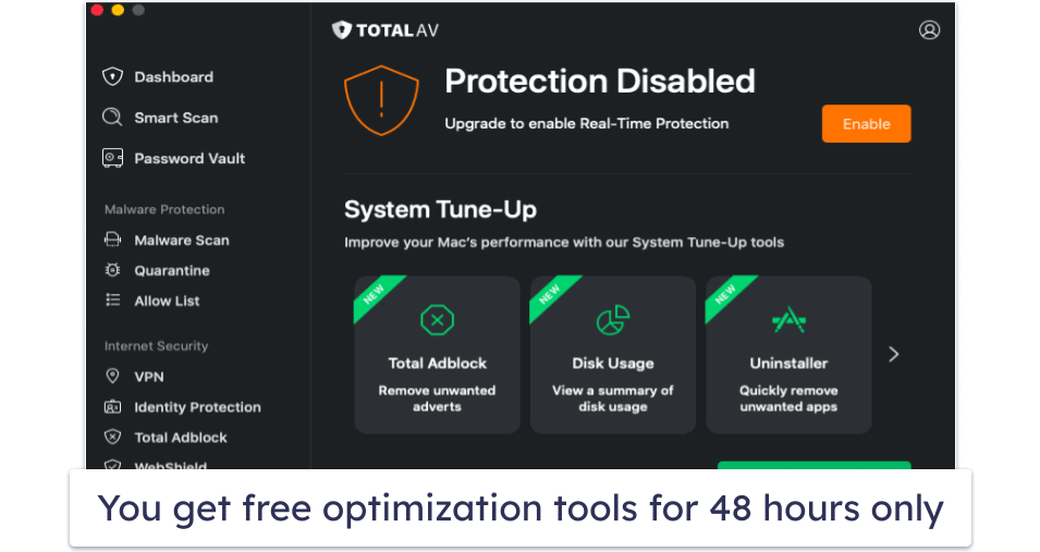2.🥈 TotalAV Free Antivirus — Good Antivirus Scanner &amp; Limited Mac Speedup Tools