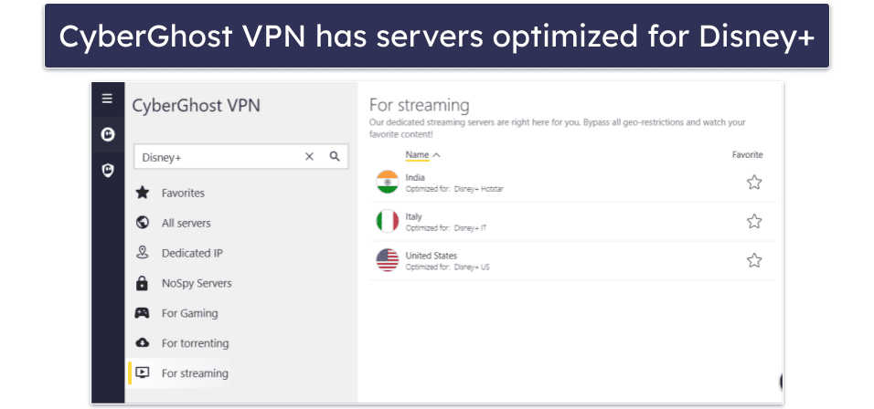 🥉3. CyberGhost VPN — User-Friendly Apps With Specialized Servers for Disney+