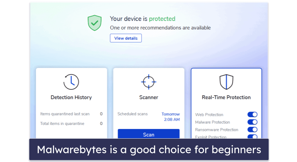 6. Malwarebytes — Best for Basic Cybersecurity Protections