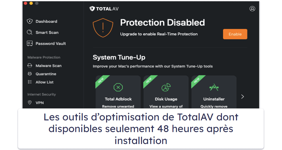 2.🥈 TotalAV Free Antivirus — un bon scanner antivirus et des outils d’accélération de Mac limités
