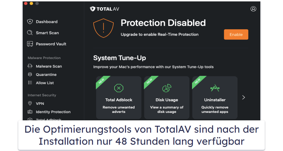 2.🥈 TotalAV Free Antivirus — Guter Virenscanner &amp; begrenzt verfügbare Mac-Beschleunigungstools