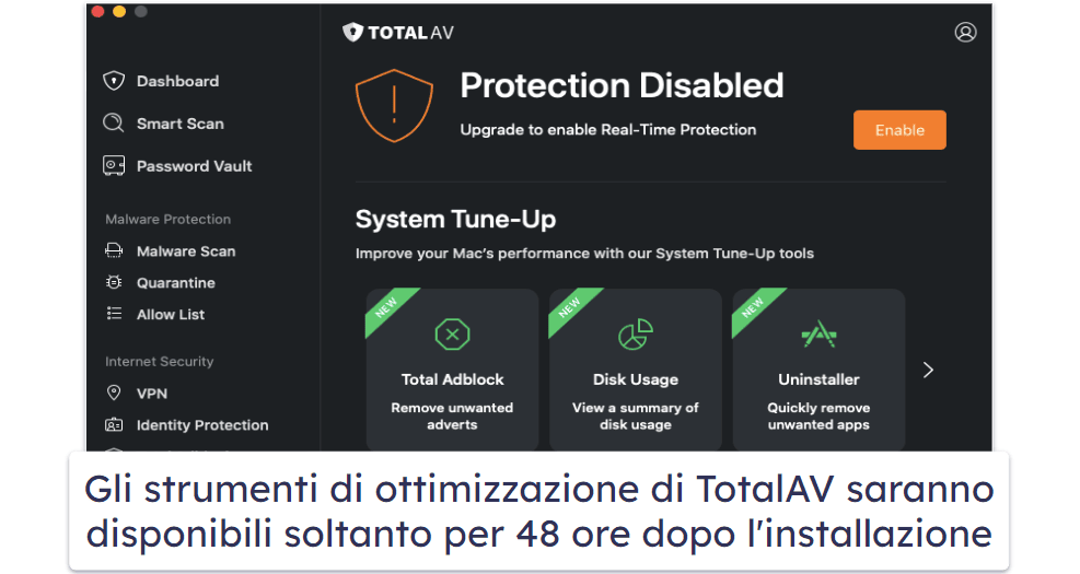 2.🥈 Antivirus gratuito TotalAV — Buono scanner antivirus e strumenti di velocizzazione del Mac limitati