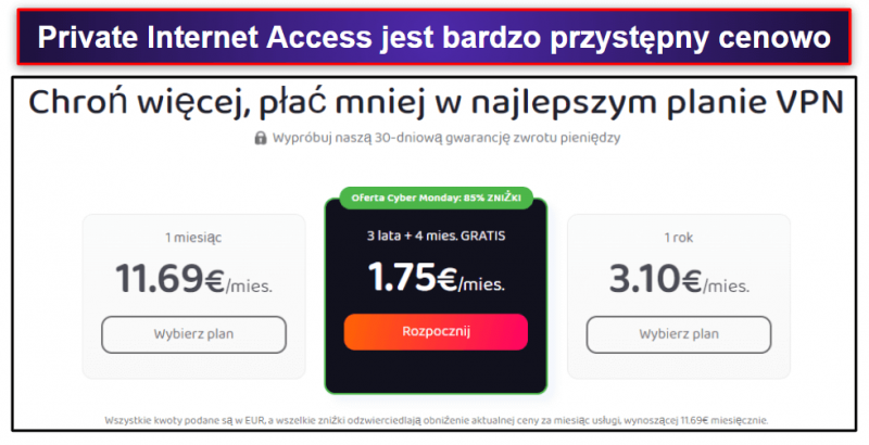 🥈2. Private Internet Access (PIA) — Elastyczny, szybki + bardzo wszechstronny Idealny do streamingu i torrentów