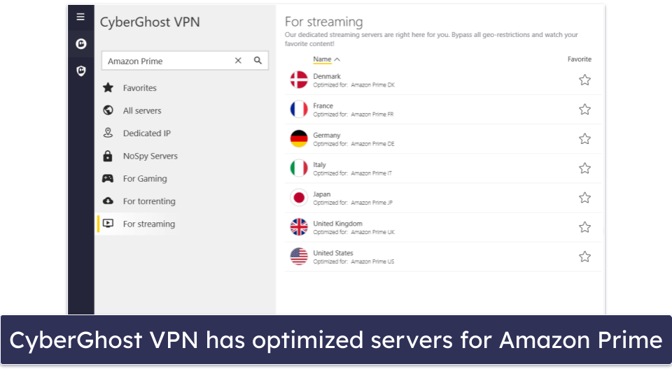 🥉3. CyberGhost VPN — Specialized Streaming Servers for Amazon Prime Video