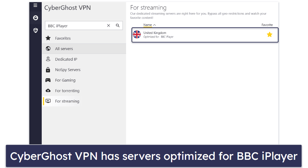 🥉 3. CyberGhost VPN — Includes a Streaming-Optimized Server for BBC iPlayer