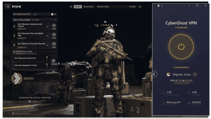 🥉 3. CyberGhost VPN: Zoptymalizowane pod kątem gier serwery do grania w CoD: MW3