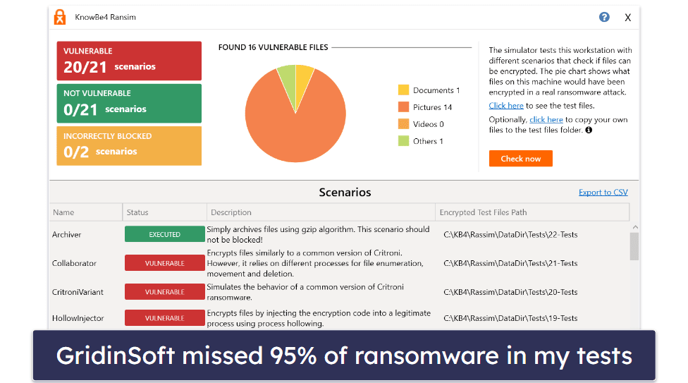 GridinSoft Security Features — Low Malware Detection Rates + Poor Web Protection