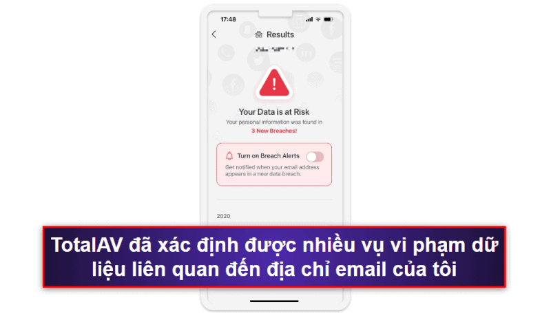 2.🥈 TotalAV Mobile Security – App iOS thân thiện với người dùng có chức năng quét vi phạm dữ liệu tốt.