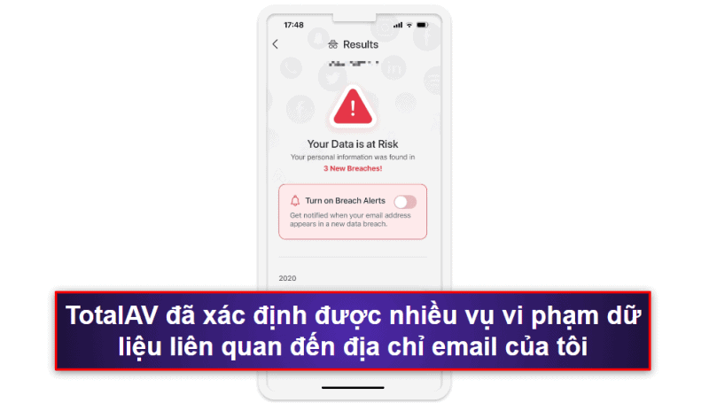 2.🥈 TotalAV Mobile Security – App iOS thân thiện với người dùng có chức năng quét vi phạm dữ liệu tốt.
