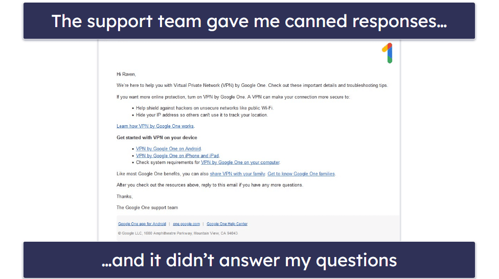 Google One VPN Customer Support — Good Articles (But Disappointing Direct Support)