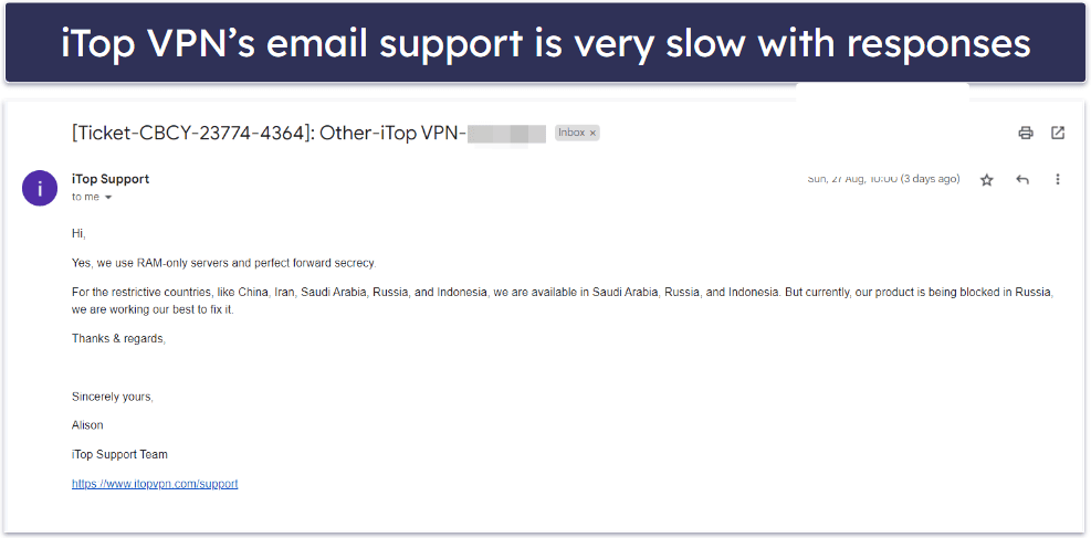 iTop VPN Customer Support — Direct Support Is Slow but Helpful