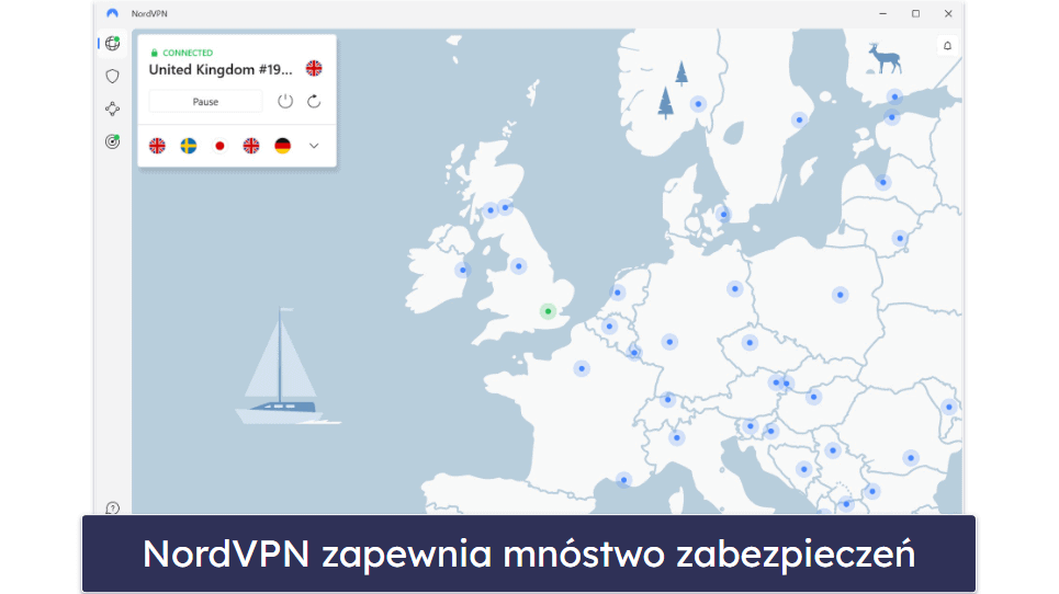 🥈2. NordVPN: Wysoce bezpieczny VPN z bezpłatną wbudowaną ochroną przed złośliwym oprogramowaniem