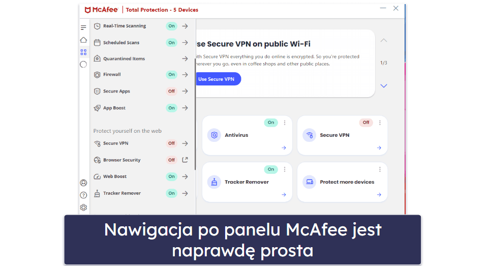 🥉3. McAfee: Doskonała ochrona sieci + świetny VPN dla początkujących