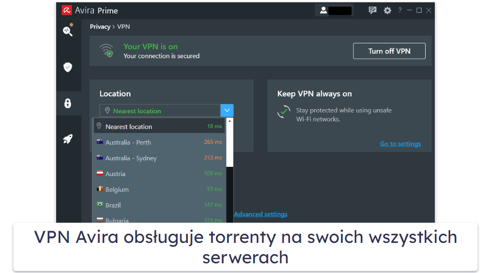 7. Avira: Lekki antywirus z VPN do torrentów