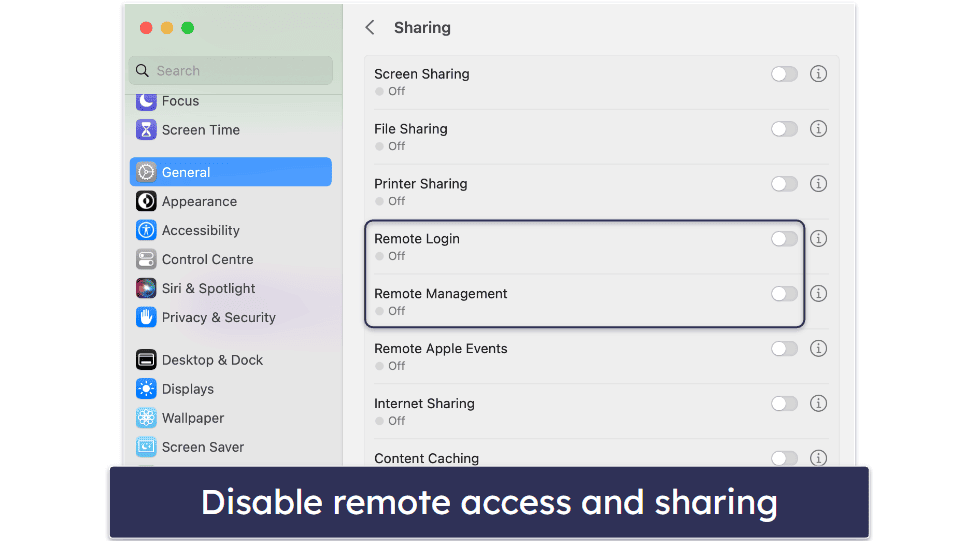 4. Disable Remote Access &amp; Sharing