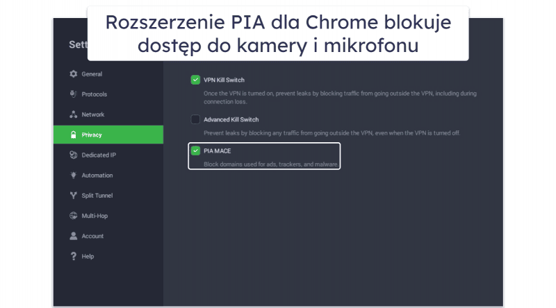 🥈2. Private Internet Access — Dobre rozszerzenie dla Chrome z dodatkowymi funkcjami prywatności