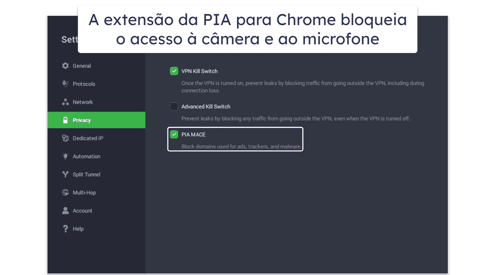 🥈2. Private Internet Access — Excelente Extensão para Chrome com Recursos de Privacidade Adicionais