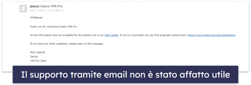 Assistenza clienti di Opera VPN Pro