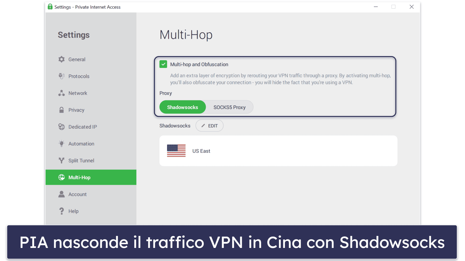 🥈2. Private Internet Access: un’alternativa a sicurezza elevata a NordVPN per la Cina
