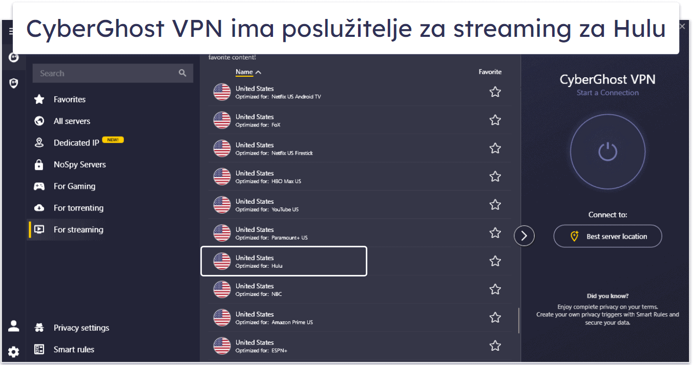 🥉3. CyberGhost VPN: Intuitivno sučelje + dedicirani poslužitelji za streaming platforme Hulu