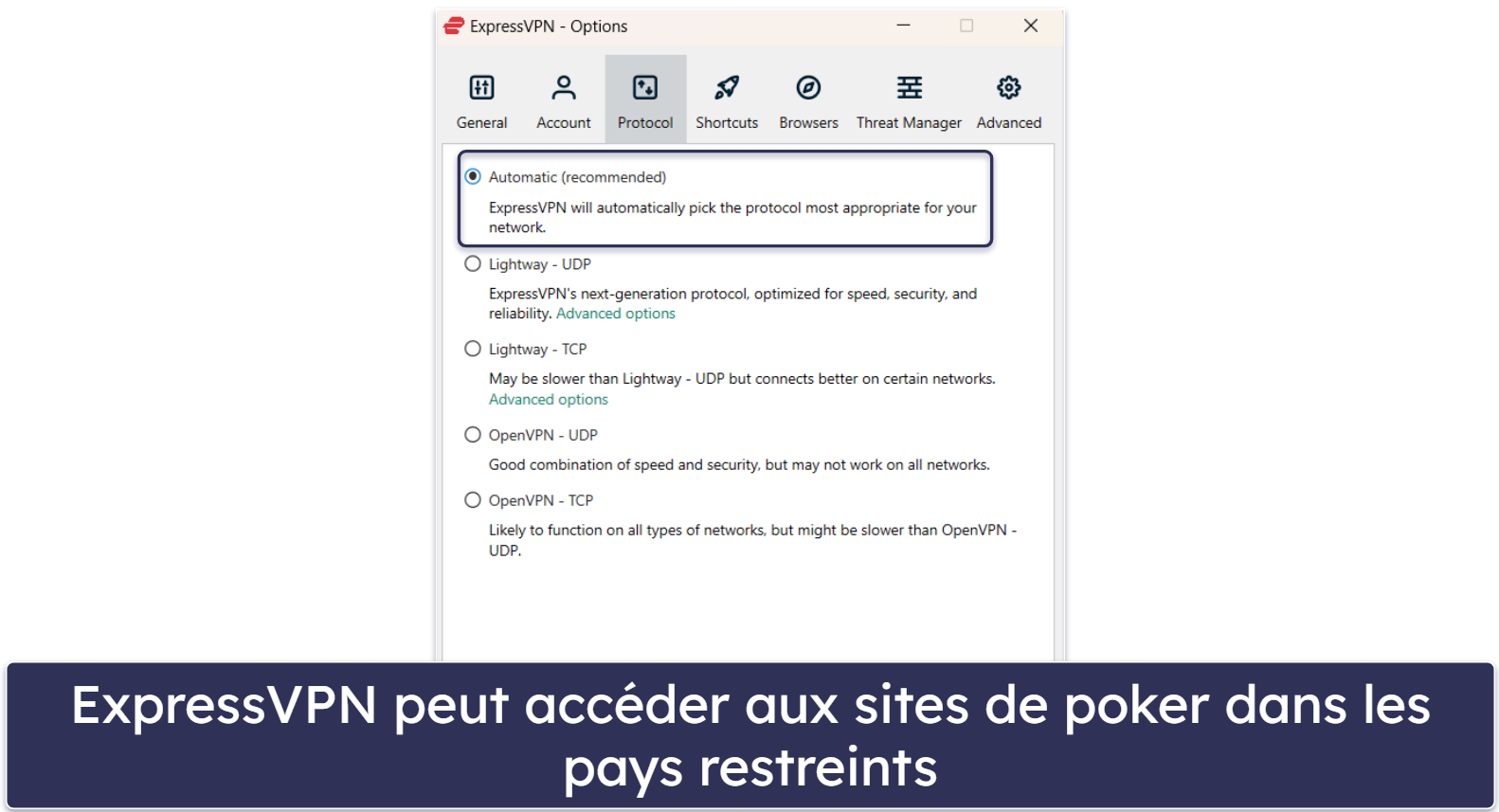 🥇1. ExpressVPN — Meilleur VPN d’ensemble pour le poker en ligne en 2026