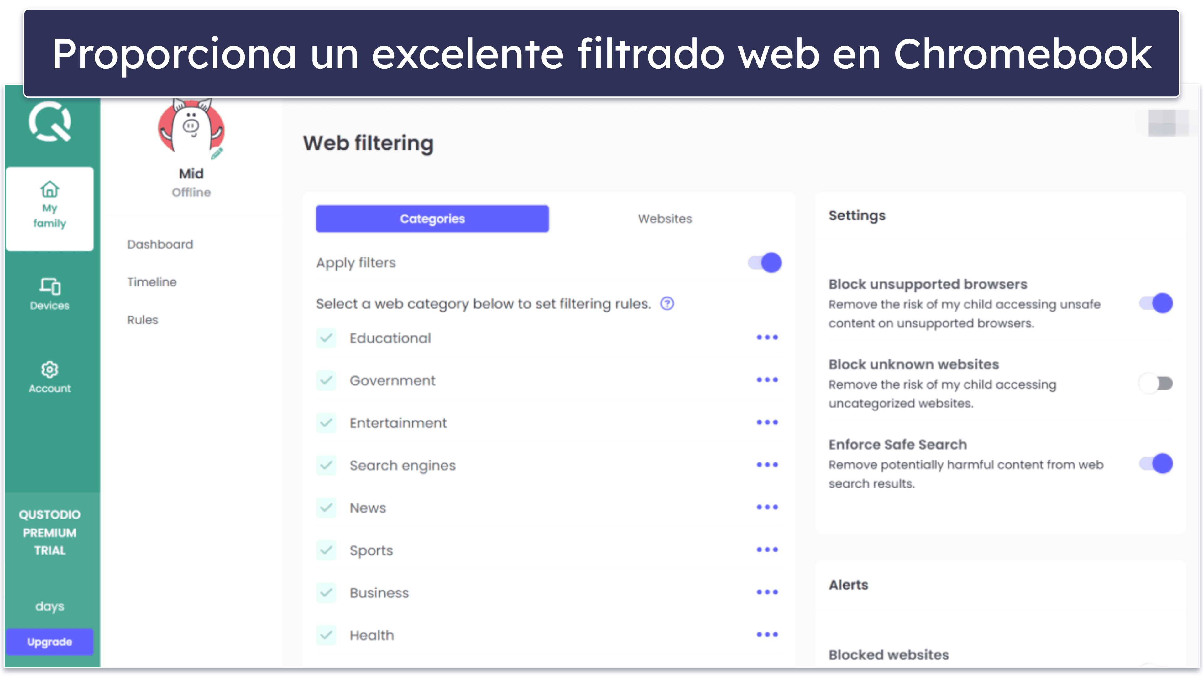 🥇 1. Qustodio — el mejor control parental en Chromebook