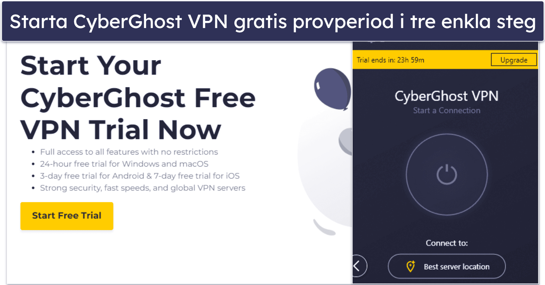 🥈 2. CyberGhost VPN — 24-timmars VPN gratis provperiod med dedikerade streaming- och torrentservrar