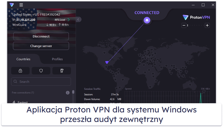 🥈2. Proton VPN – świetny darmowy VPN dla systemu Windows z nieograniczoną ilością danych