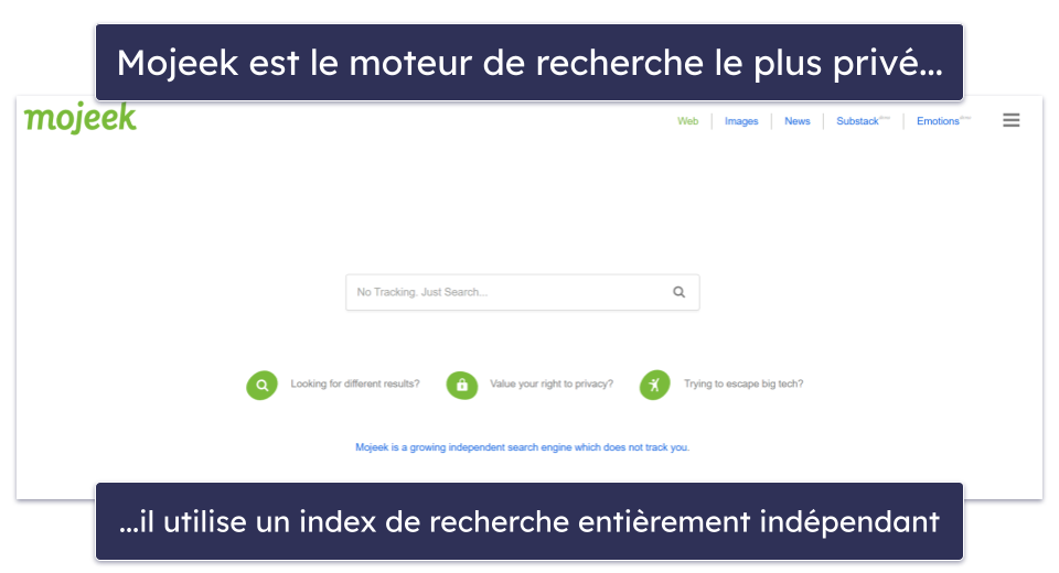 🥇1. Mojeek — Le meilleur moteur de recherche privé respectant une politique de données anonymes