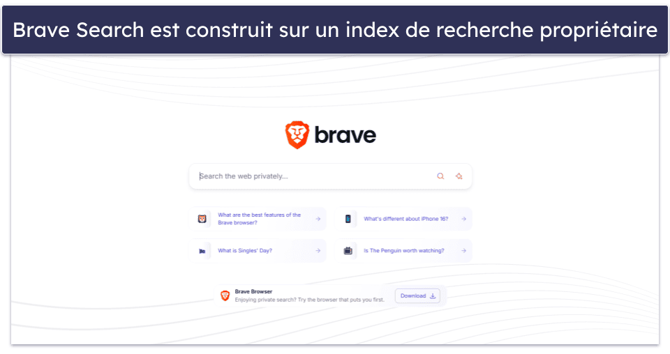 🥉3. Brave Search — Solide politique de confidentialité + Utilise son propre index de recherche