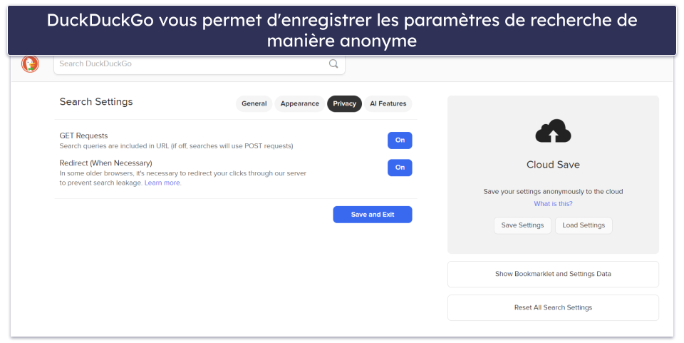 5. DuckDuckGo —Solides politiques de conservation des données + Outils de protection de la vie privée
