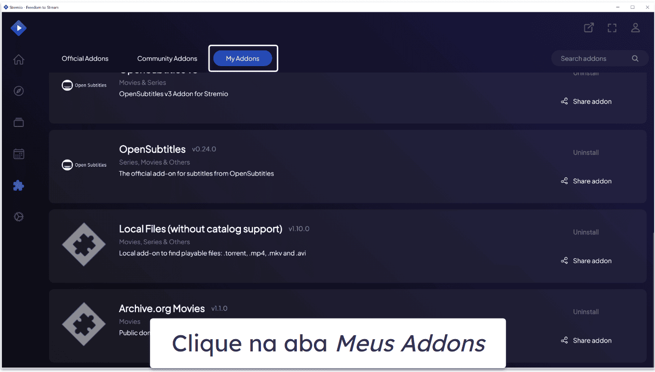 Como desinstalar os addons do Stremio