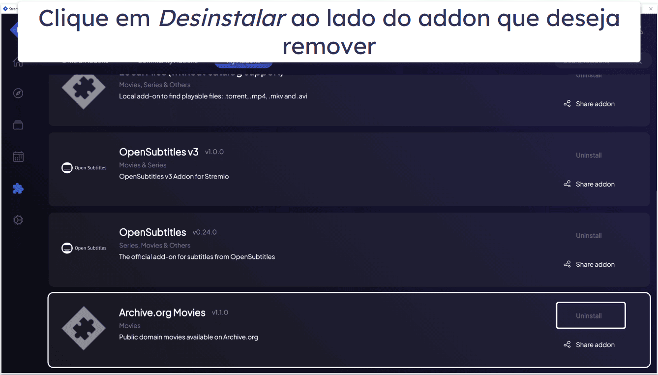 Como desinstalar os addons do Stremio
