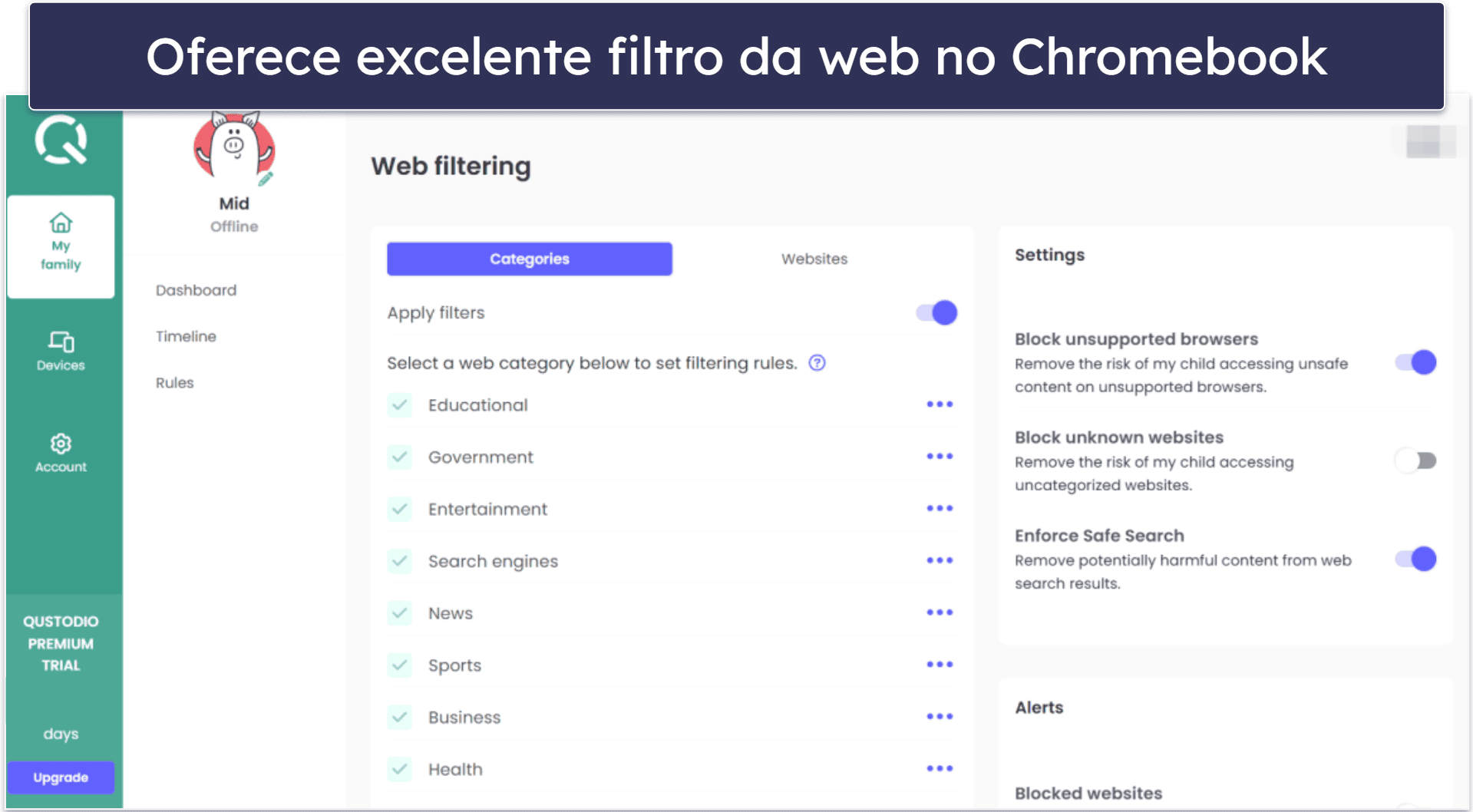 🥇 1. Qustodio — Melhor app de controle dos pais para Chromebook em termos gerais