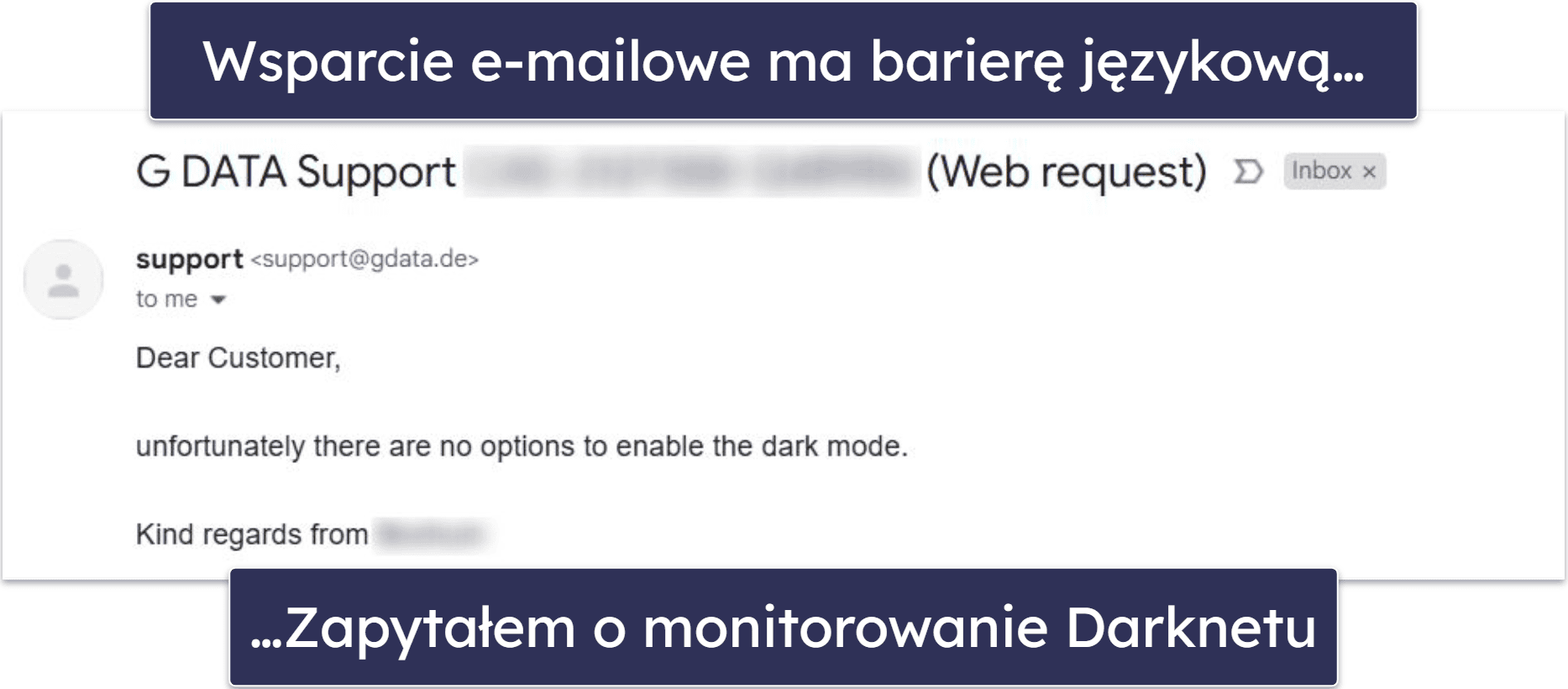 G DATA Obsługa klienta — rozczarowujące wsparcie z barierą językową (ale szybkie odpowiedzi)
