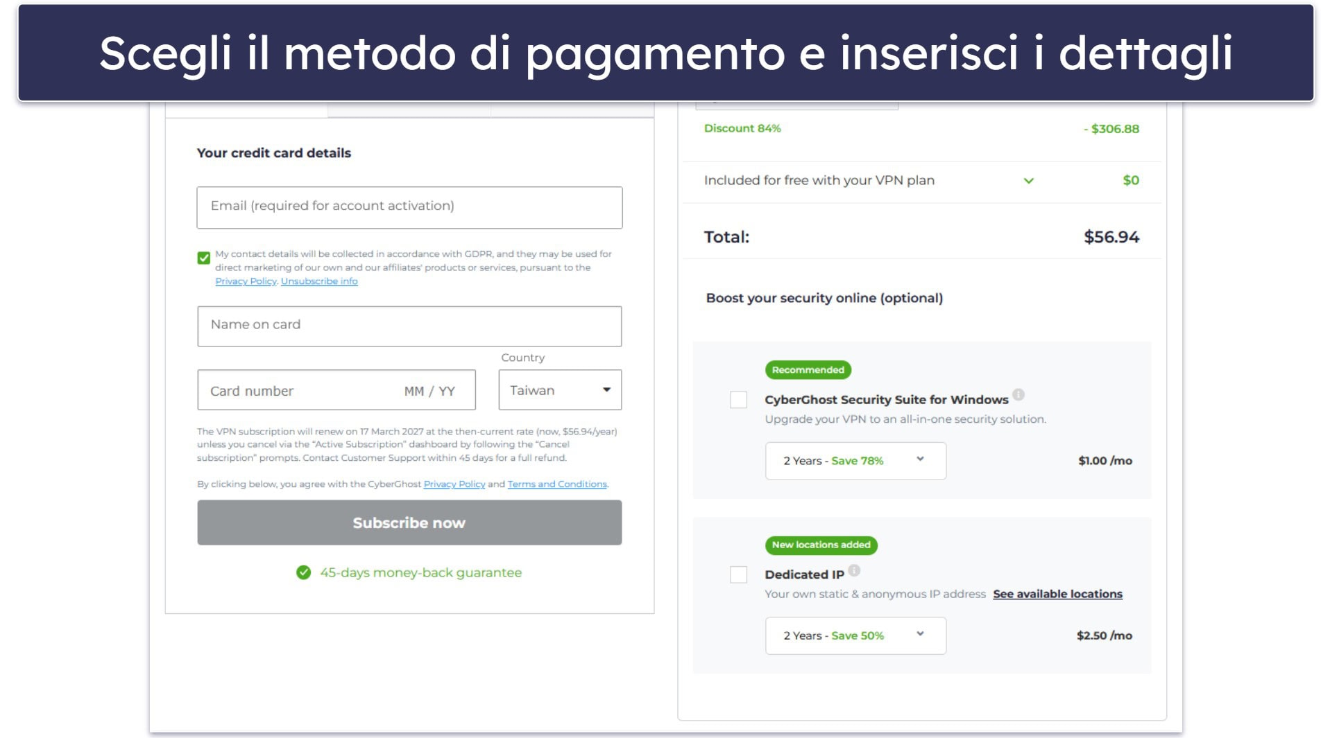 Prova CyberGhost VPN senza rischi per 45 giorni (guida passo-passo)