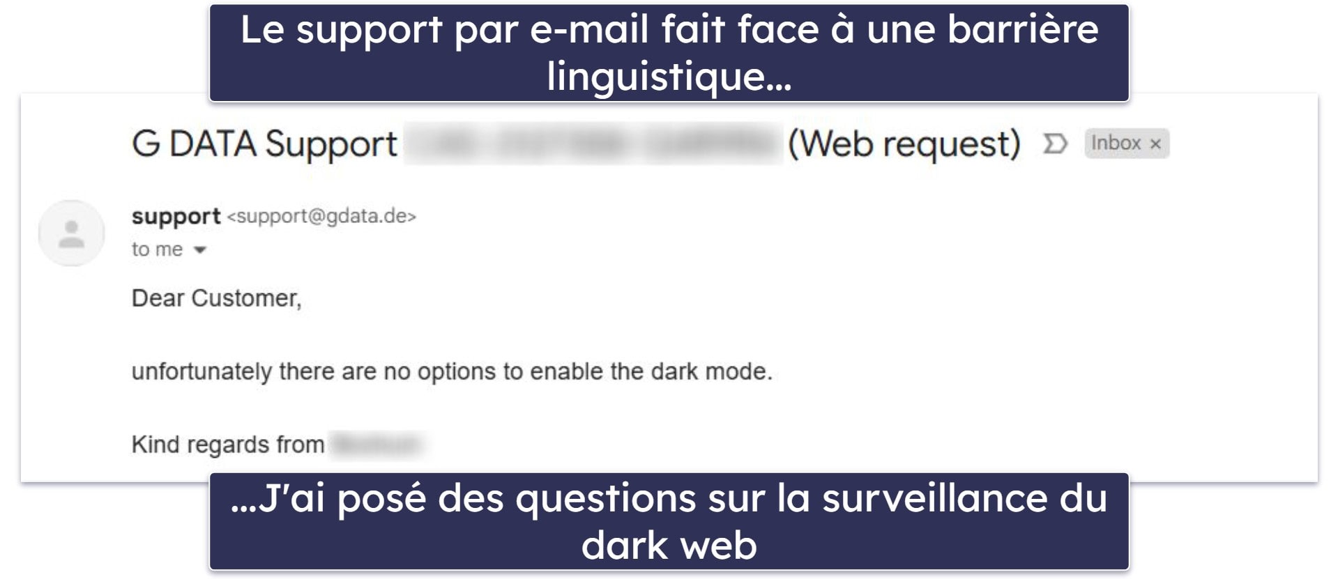Support client G DATA — Un support décevant avec barrière linguistique (mais des réponses rapides)