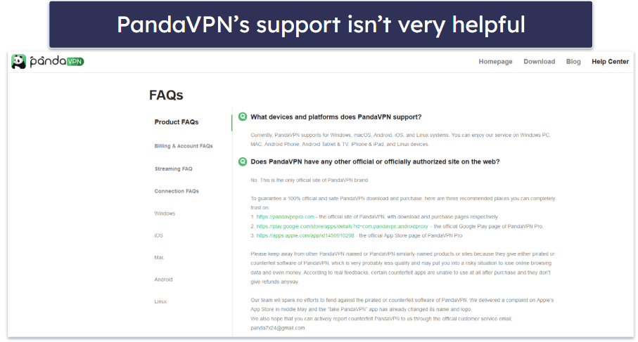 PandaVPN Customer Support — Very Poor Overall