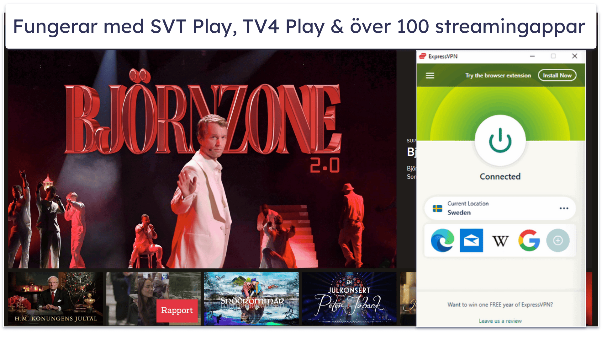 🥇1. ExpressVPN — Bästa VPN för Sverige överlag år 2026