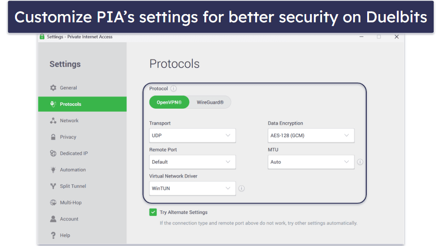 🥈2. Private Internet Access — Most Customizable VPN for Securely Gambling on Duelbits