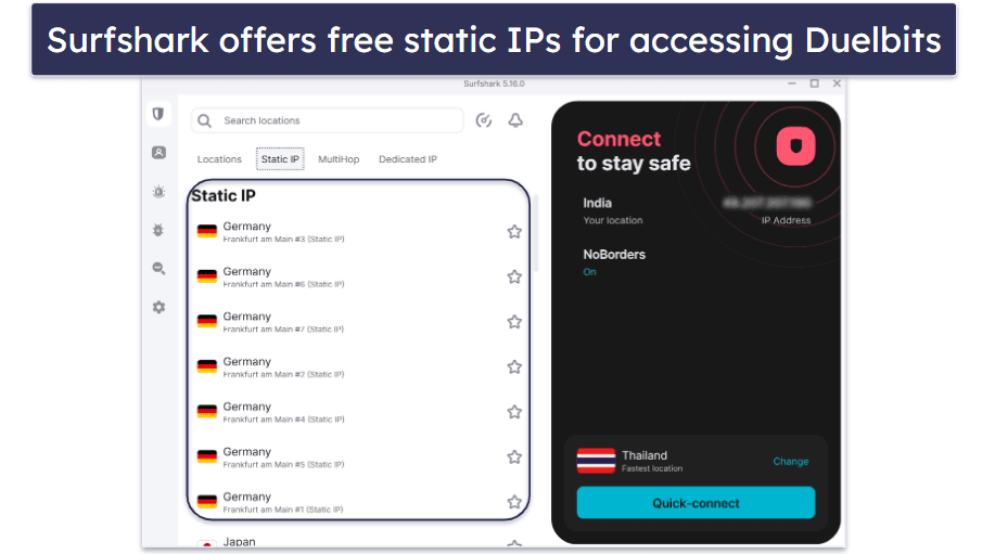 5. Surfshark — Static IPs to Avoid Duelbits Flagging Your Account